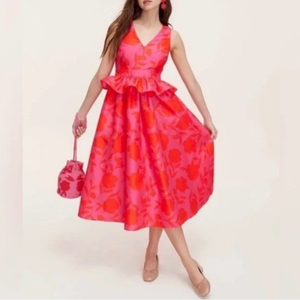 Sleeveless V-Neck Pink & Red Floral Peplum Midi Dress